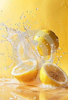 Fresh Lemons Splashing in Sparkling Water Against a Yellow Background photo