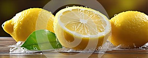 Fresh lemons with water drops. Lemon and green leaves on wooden table. wide banner