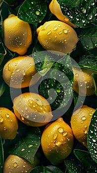 Fresh lemons with water drops surrounded by green leaves