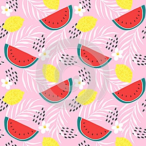 Fresh lemons and watermelon seamless pattern vector