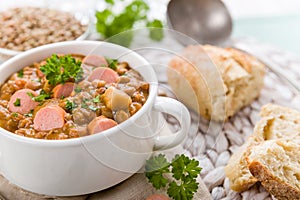 Fresh lentil stew with sausages