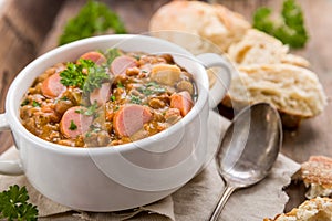 Fresh lentil stew with sausages