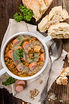 Fresh lentil stew with sausages