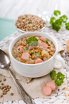 Fresh lentil stew with sausages