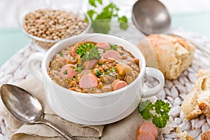 Fresh lentil stew with sausages