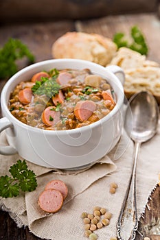 Fresh lentil stew with sausages