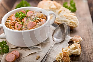 Fresh lentil stew with sausages