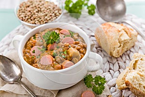 Fresh lentil stew with sausages