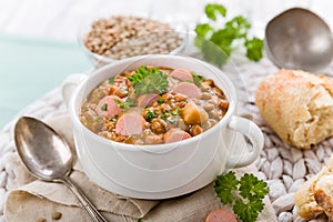 Fresh lentil stew with sausages