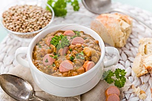 Fresh lentil stew with sausages