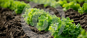 Fresh lettuce growing in fertile farm soil