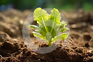 Fresh Lettuce Plant Growing in Soil, growing lettuce on the ground, Fresh lettuce in a vegetable garden, generative ai