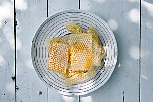 Fresh light bee honey in pieces of honeycombs on a white wooden rustic table with blur background.