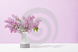 Fresh lilac bouquet in vase on white table