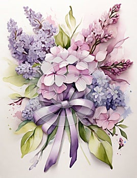 Fresh lilac flowers bouquet over white background, flat lay top view scene