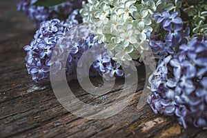 Fresh lilac flowers on the wooden vintage background. Selective focus