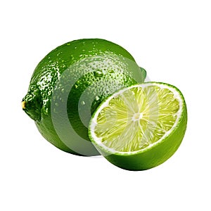 Fresh lime fruit. Ripe citrus whole and half isolated. Healthy diet. Vegetarian food