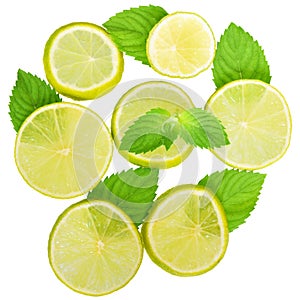 Fresh lime with leaf mint top view