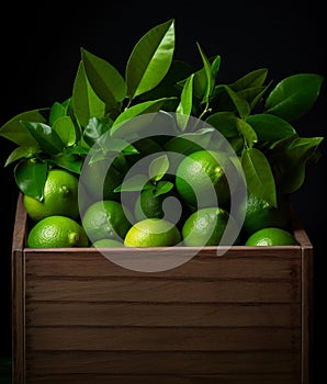Fresh lime leaf in a wooden container, in the style of nusch, softly organic photo