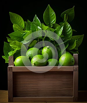 Fresh lime leaf in a wooden container, in the style of nusch ÃÂ©luard, softly organic photo