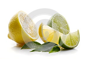 Fresh lime, lemon cut in half and into pieces, with green leaves