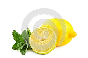 Fresh lime, lemon and mint isolated on white background