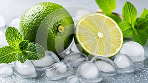 Fresh lime and mint with ice cubes for refreshing drinks