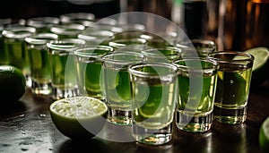 Fresh lime slice in tequila shot glass at bar party generated by AI