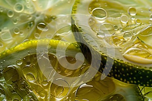 Fresh lime slice in water with bubbles