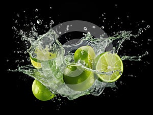 fresh lime in water with splash on black background. Fresh citrus fruit slices flying objects
