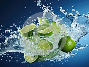 fresh lime in water with splash on blue background. Fresh citrus fruit slices flying objects