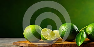 Fresh Limes Pile on Wooden Cutting Board Against Dark Green Background. Food Ingredient. Generative AI