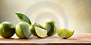 Fresh Limes on a Wooden Table. Citrous Freshness. Green Sour Fruits. Generative AI