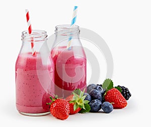 Fresh liquidised berry smoothies in bottles