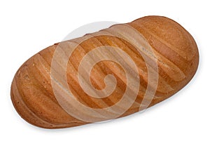 Fresh little baguette loaf isolated at white background, top view, close up