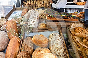 Fresh loaves of bread on display at farmers market