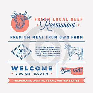 Fresh Local Beef Restaurant Signs, Titles, Inscriptions and Menu Decoration Elements Set. Premium Quality Retro