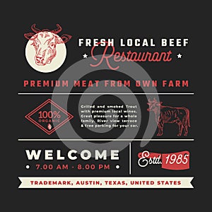 Fresh Local Beef Restaurant Signs, Titles, Inscriptions and Menu Decoration Elements Set. Premium Quality Retro