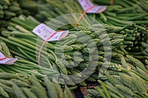 Fresh local foraged wild green asparagus at a farmers market, Strasbourg, France