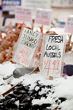 Fresh local mussels sign at market