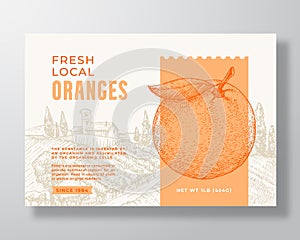 Fresh Local Oranges Food Label Template. Abstract Vector Packaging Design Layout. Modern Typography Banner with Hand