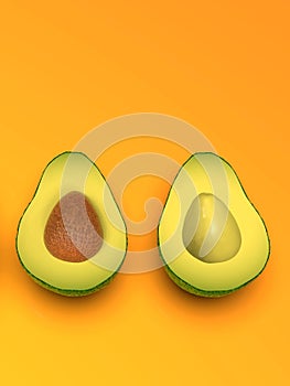 Fresh looking green avocado fruit, cut in half, on orange