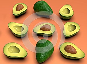 Fresh looking green avocado fruits, whole and cut in half, on pink