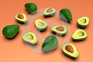 Fresh looking green avocado fruits, whole and cut in half, on pink