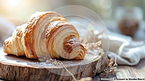 Fresh lush croissant on wooden board. Close-up. Traditional French pastries. Healthy breakfast concept.