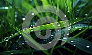Fresh lush green grass on meadow with drops of water dew. Close-up macro. Generative AI tools