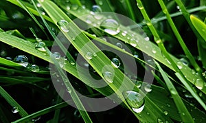 Fresh lush green grass on meadow with drops of water dew. Close-up macro. Generative AI tools