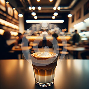 A fresh macchiato on a table with a blurred cafe background, emphasizing the coffee& x27;s detail. photo
