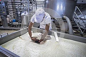 Fresh made italian cheese ricotta in a salt water bath top view.