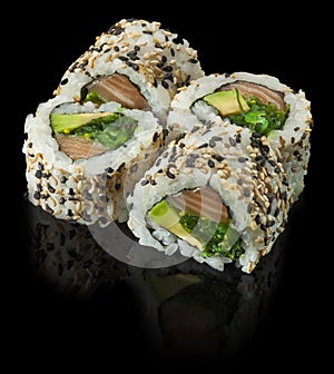 Fresh made Japanese sushi rolls with avocado